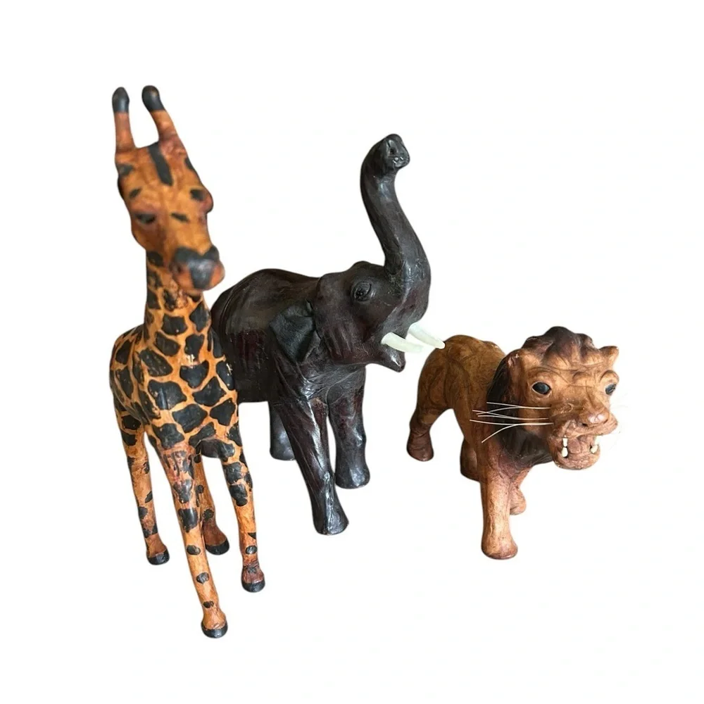 Vintage Leather Lion Elephant Giraffe Statues Figurines Lot Of 3